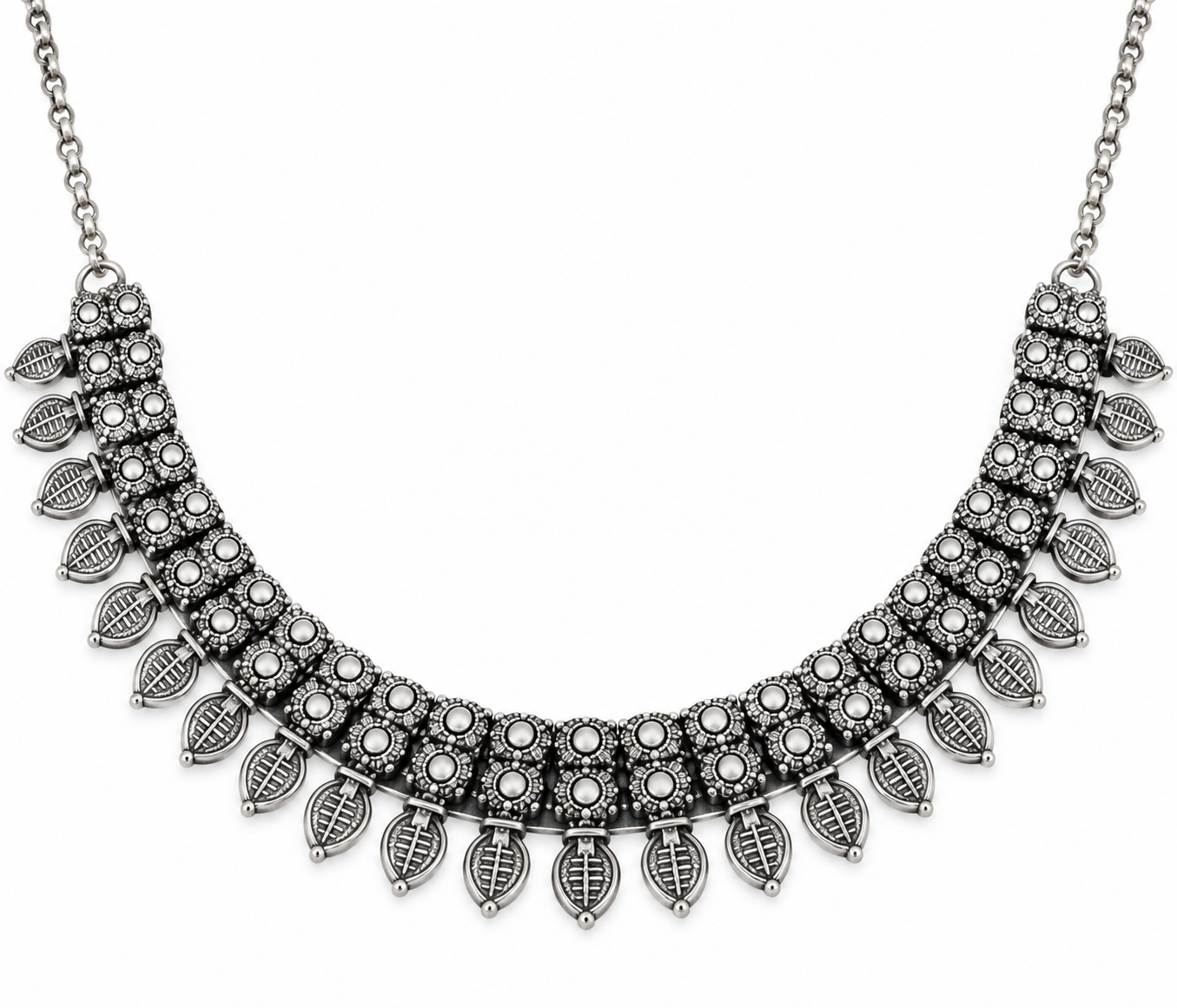 Oxidised Silver-Tone Leaf Design Statement Necklace