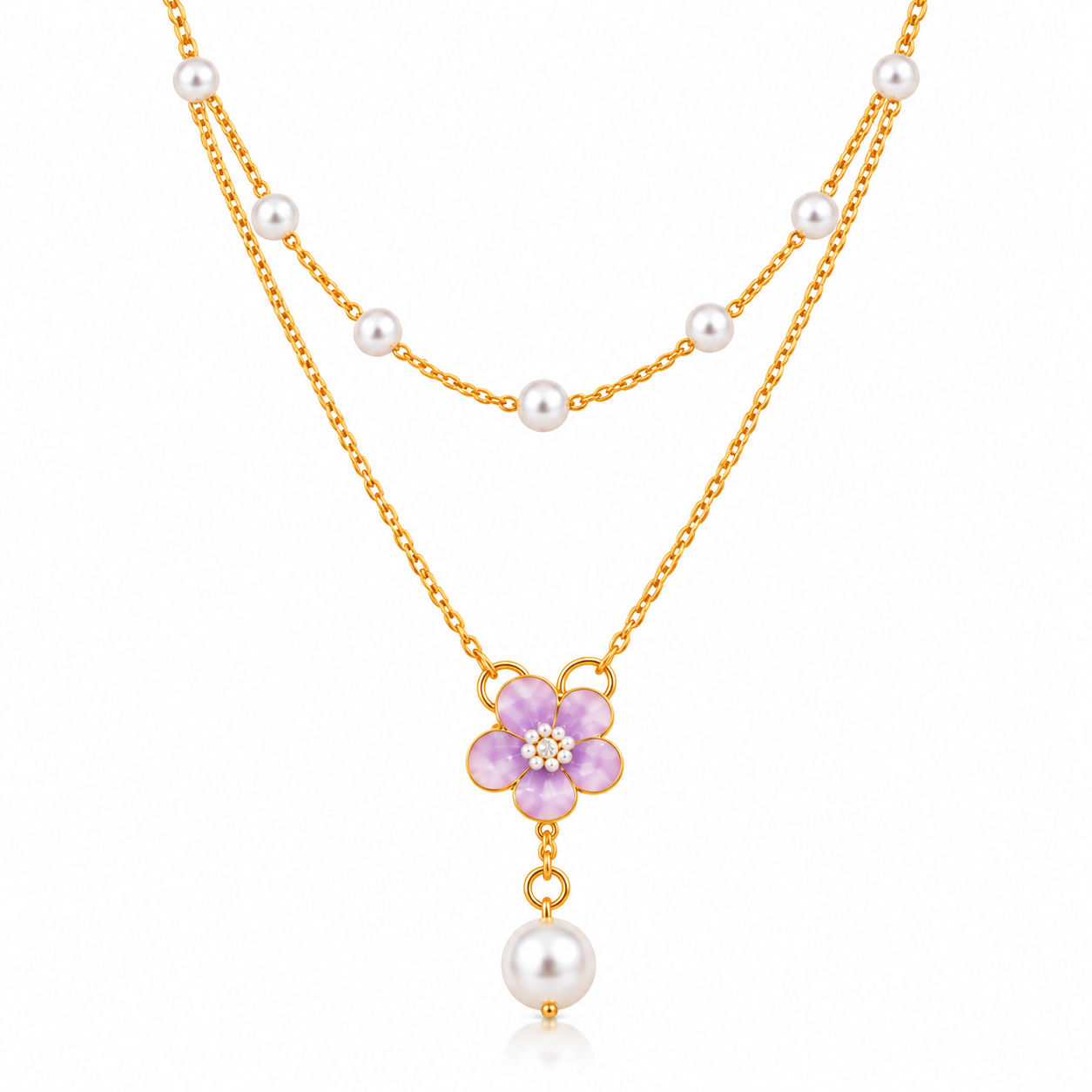 Purple Floral Layered Necklace with Pearl Detailing