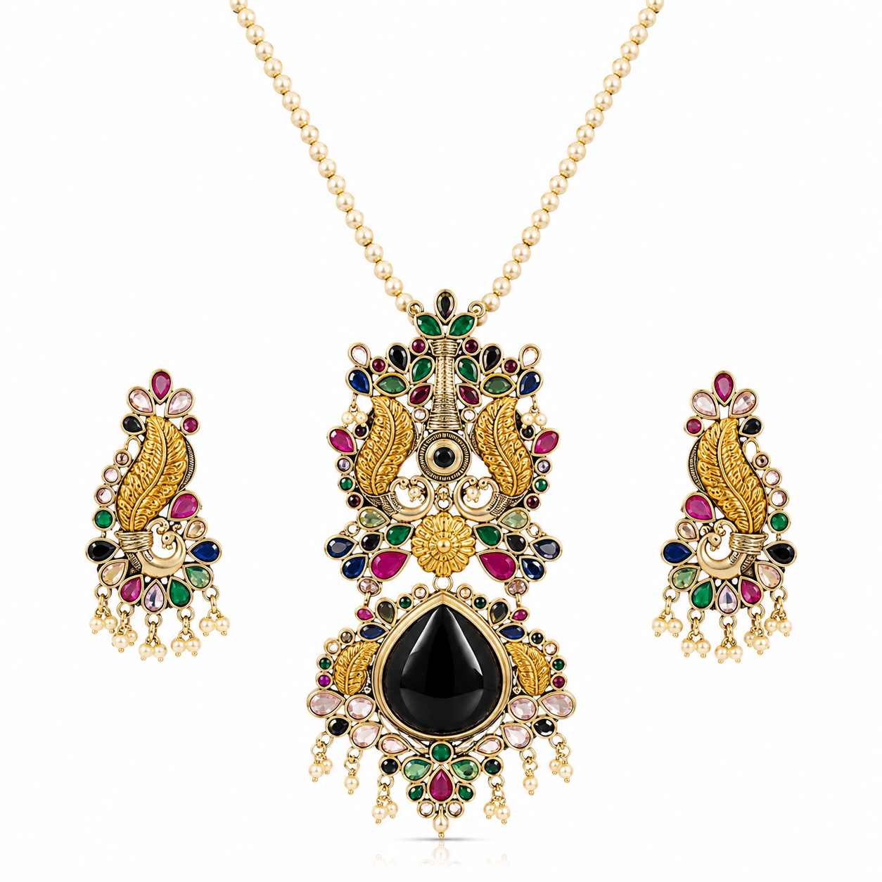 Multicolor Peacock Pendant Necklace & Earrings Set