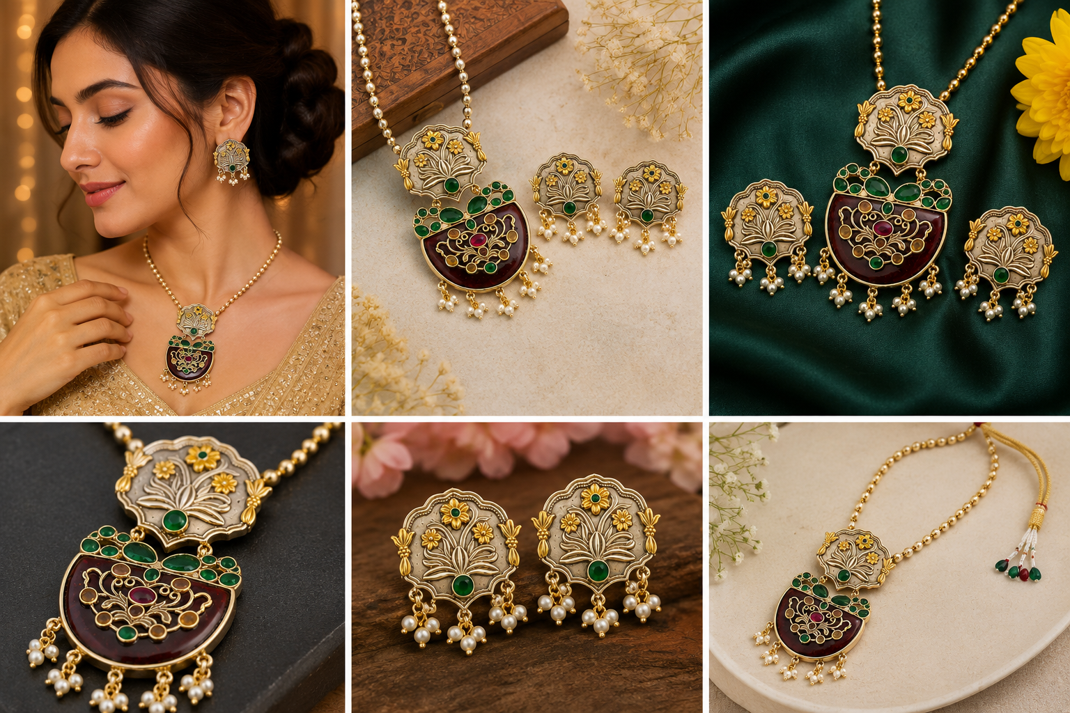 Antique-Inspired Green & Maroon Statement Necklace & Earrings Set