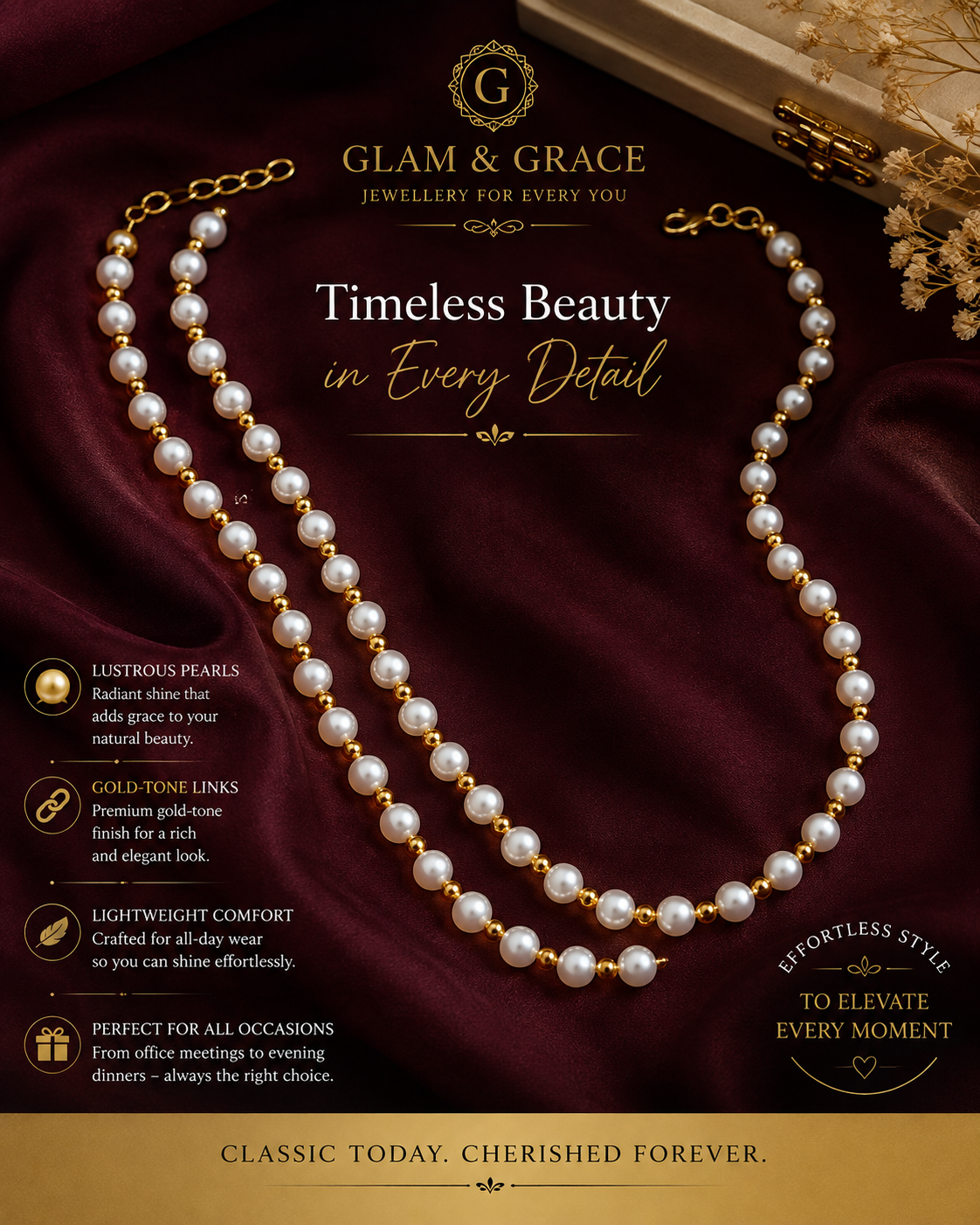 Double-Strand Pearl & Gold-Tone Beaded Necklace
