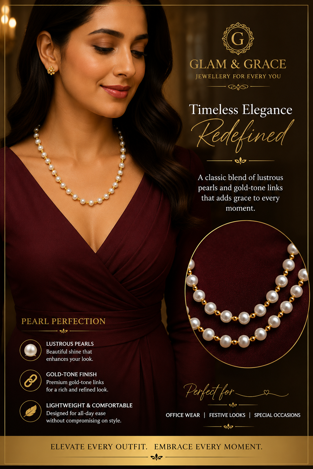 Double-Strand Pearl & Gold-Tone Beaded Necklace