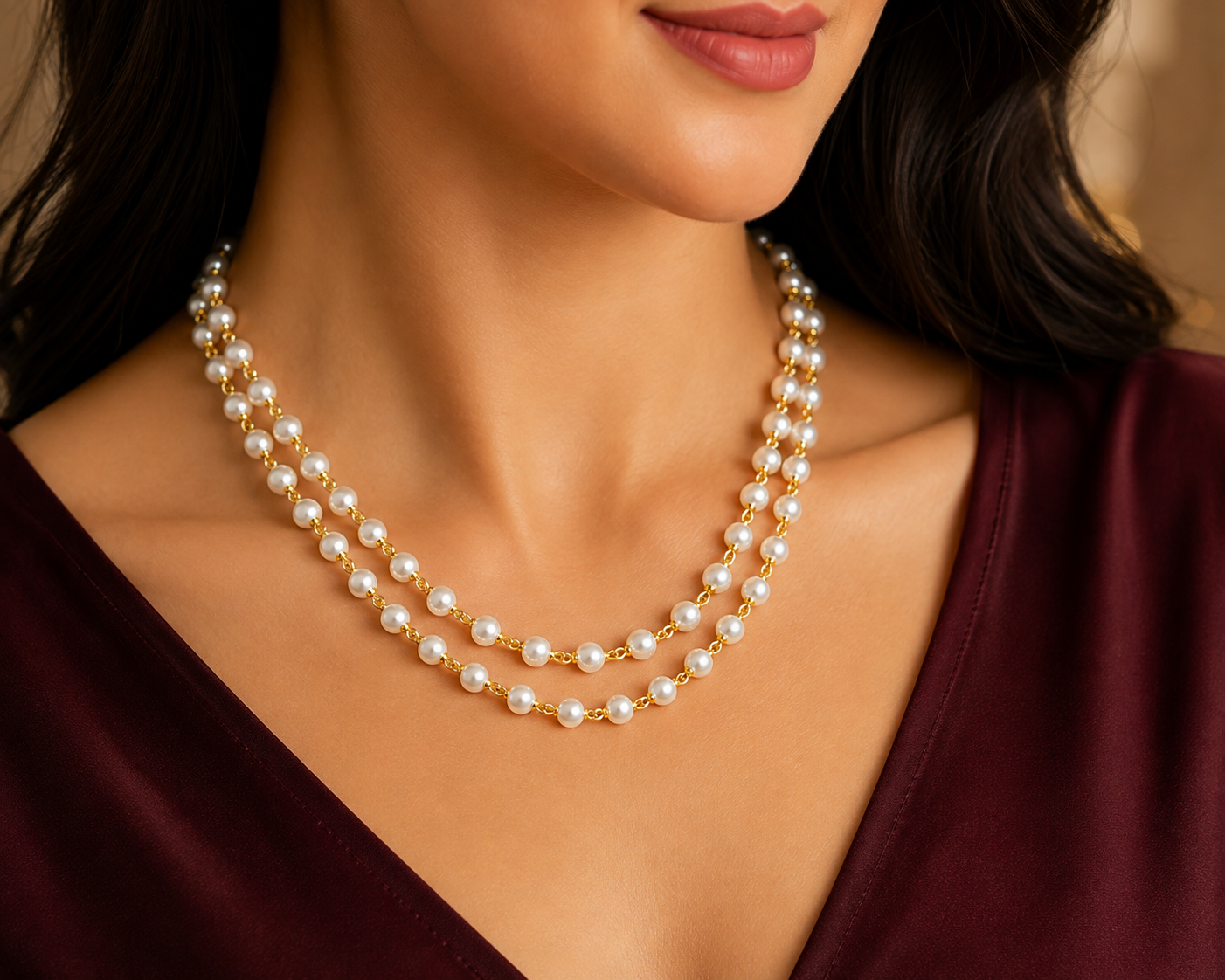 Double-Strand Pearl & Gold-Tone Beaded Necklace