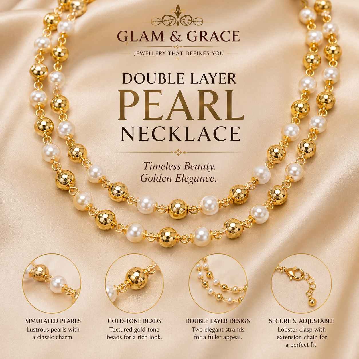 Double-Strand Pearl & Gold-Tone Beaded Necklace