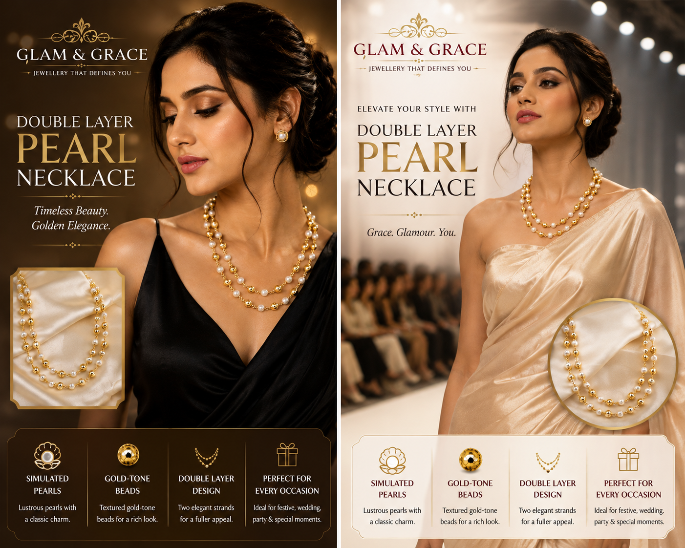Double-Strand Pearl & Gold-Tone Beaded Necklace