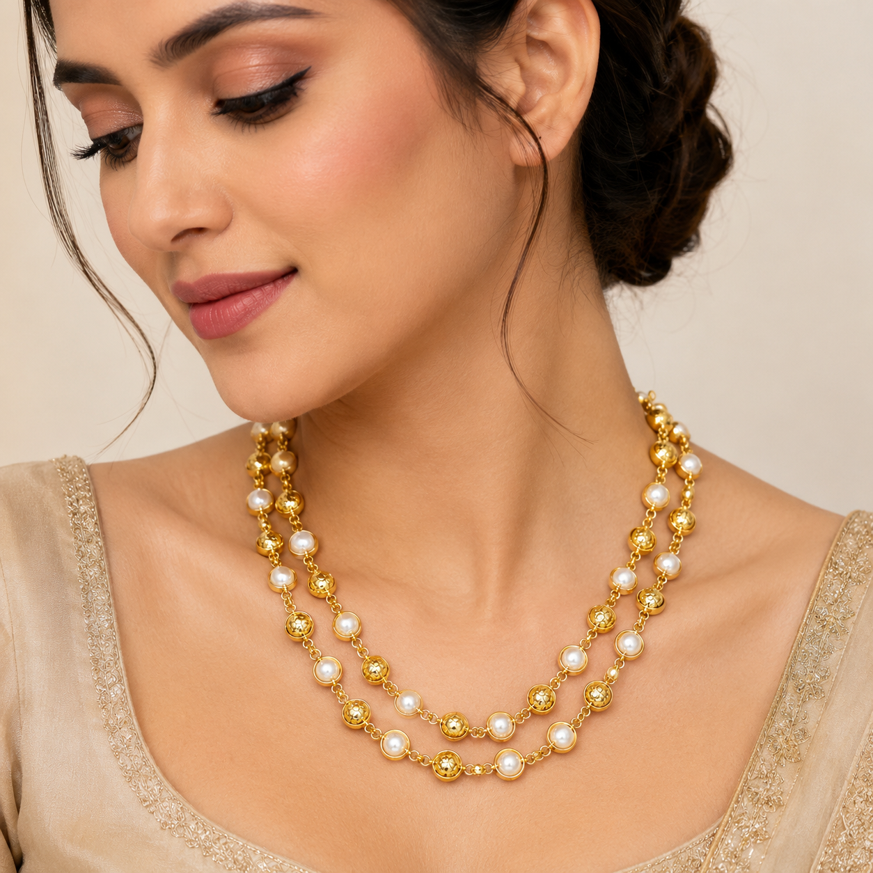 Double-Strand Pearl & Gold-Tone Beaded Necklace