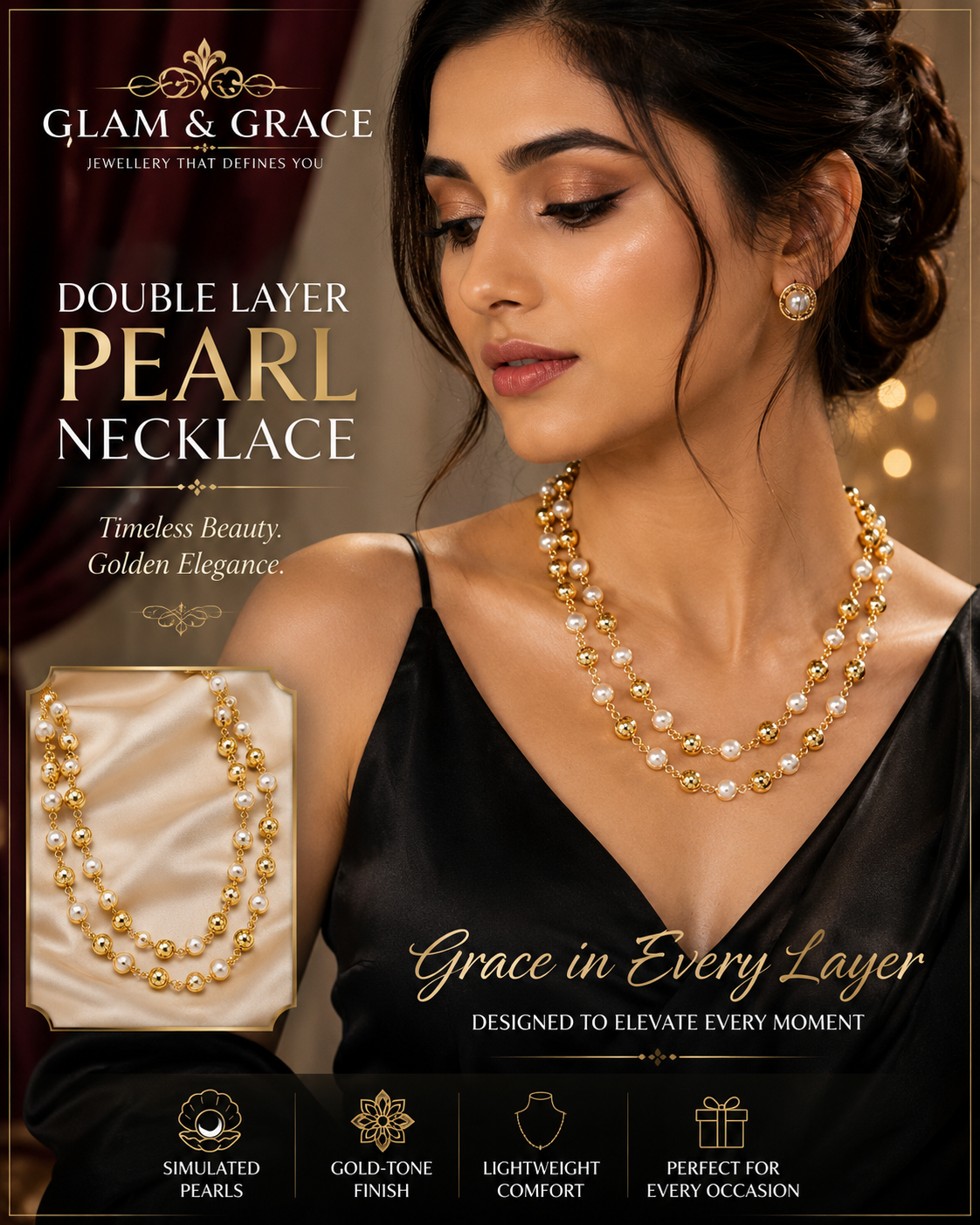 Double-Strand Pearl & Gold-Tone Beaded Necklace