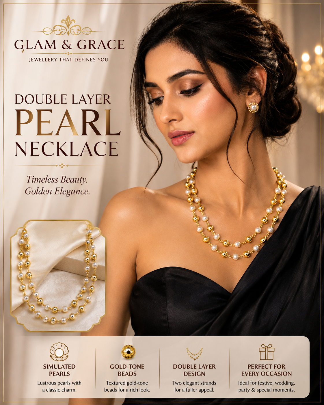 Double-Strand Pearl & Gold-Tone Beaded Necklace