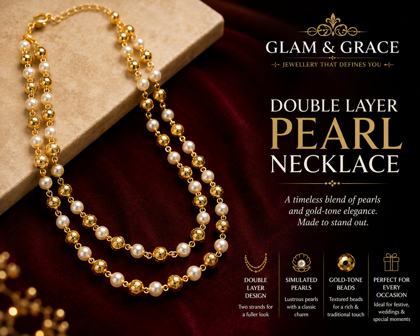 Double-Strand Pearl & Gold-Tone Beaded Necklace