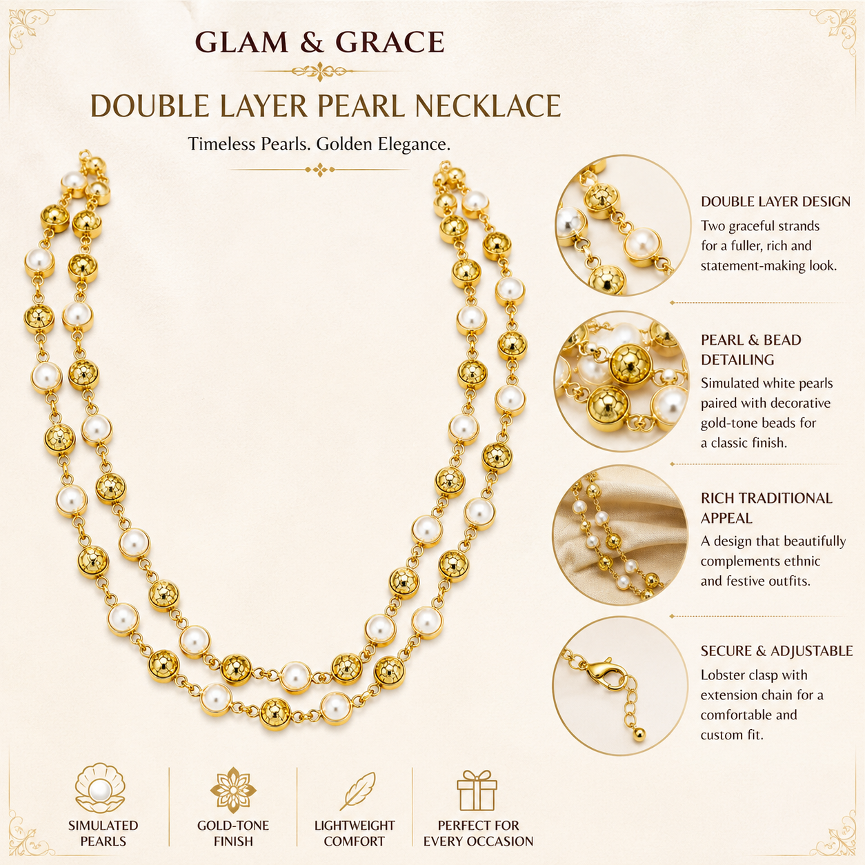 Double-Strand Pearl & Gold-Tone Beaded Necklace