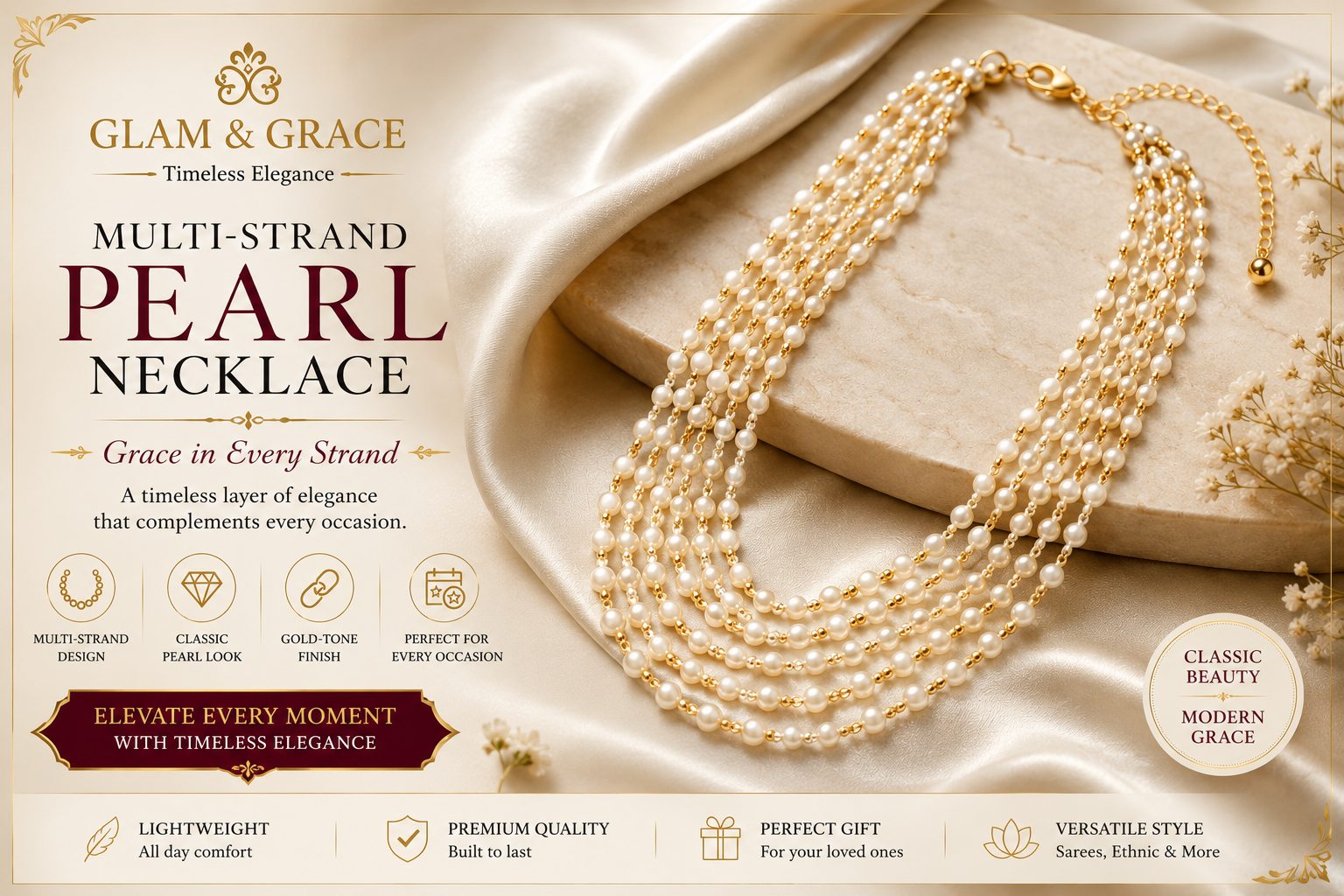Multi-Strand Pearl & Gold-Tone Chain Necklace