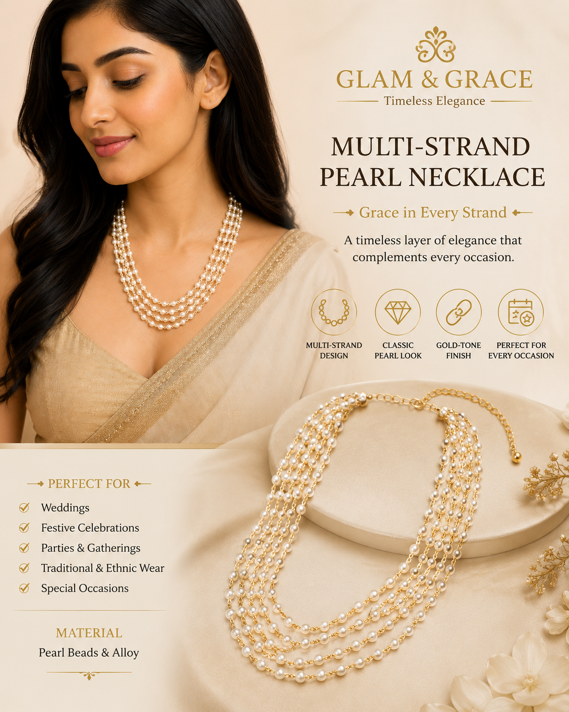Multi-Strand Pearl & Gold-Tone Chain Necklace
