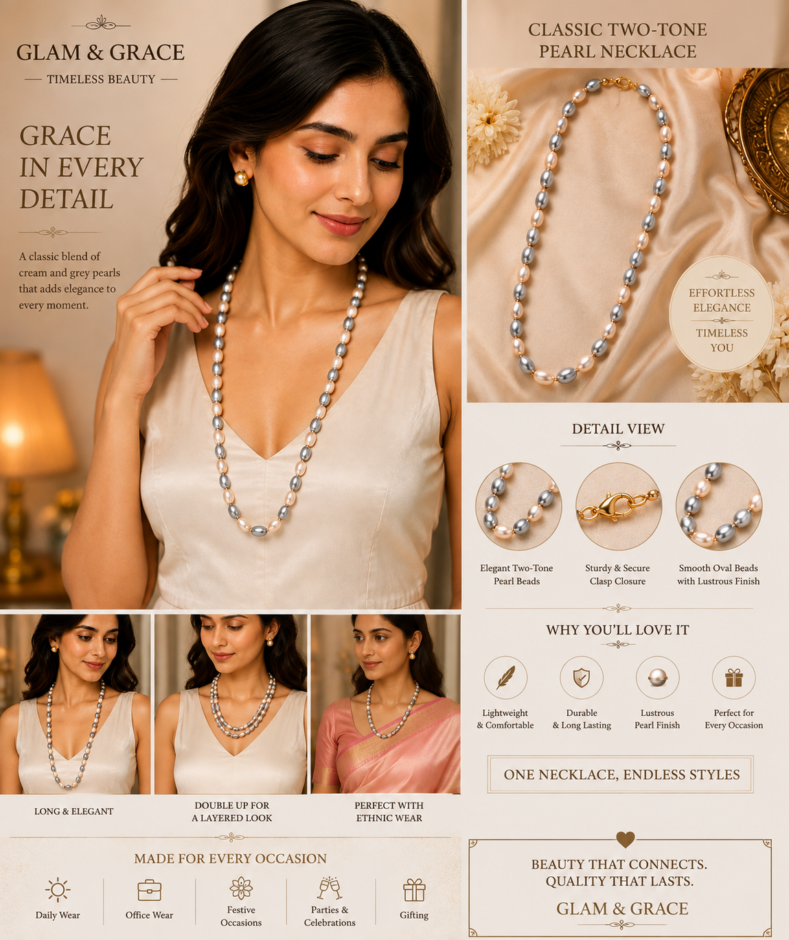 Cream & Grey Pearl Beaded Necklace