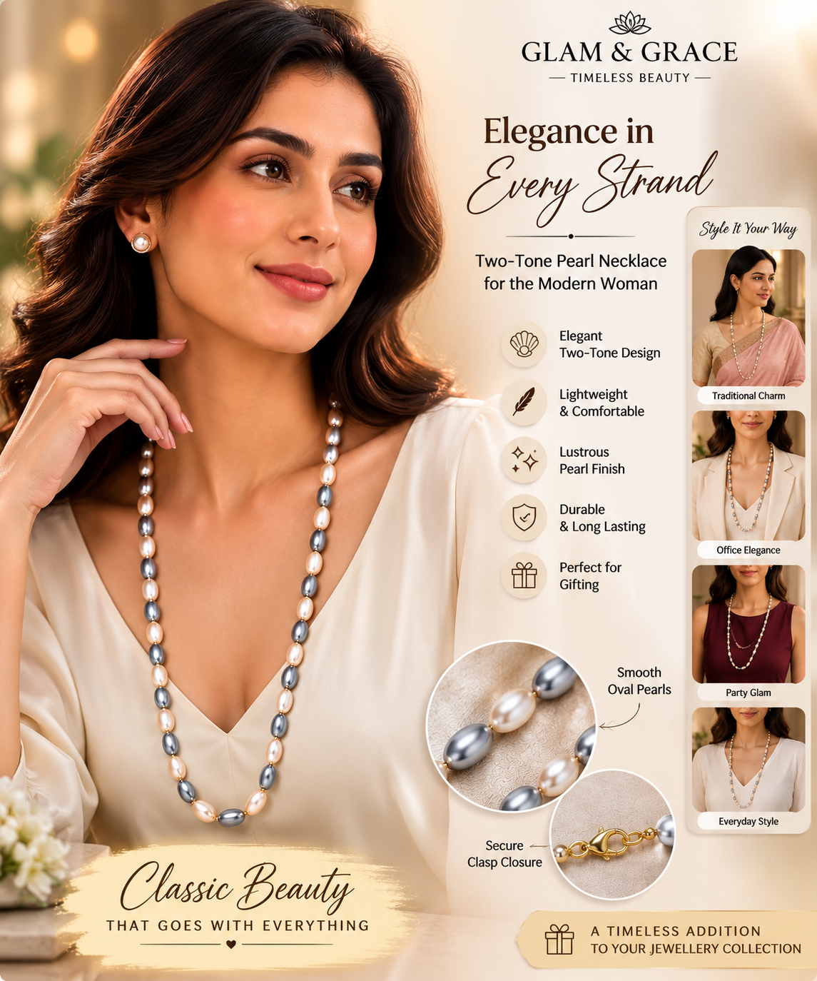 Cream & Grey Pearl Beaded Necklace