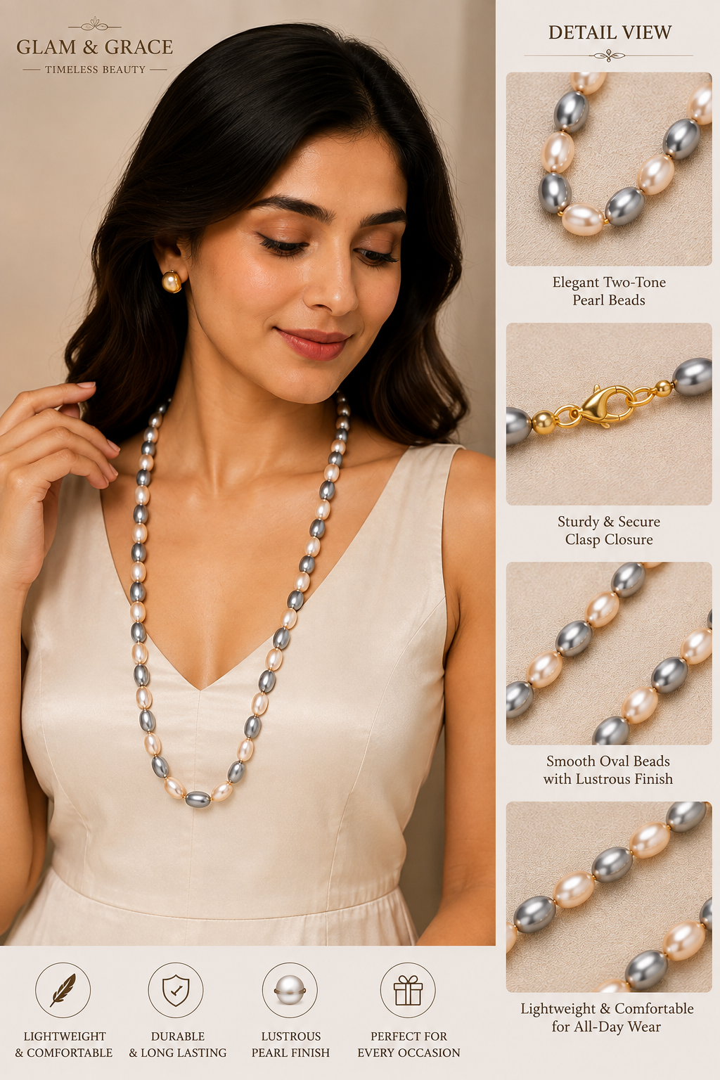 Cream & Grey Pearl Beaded Necklace