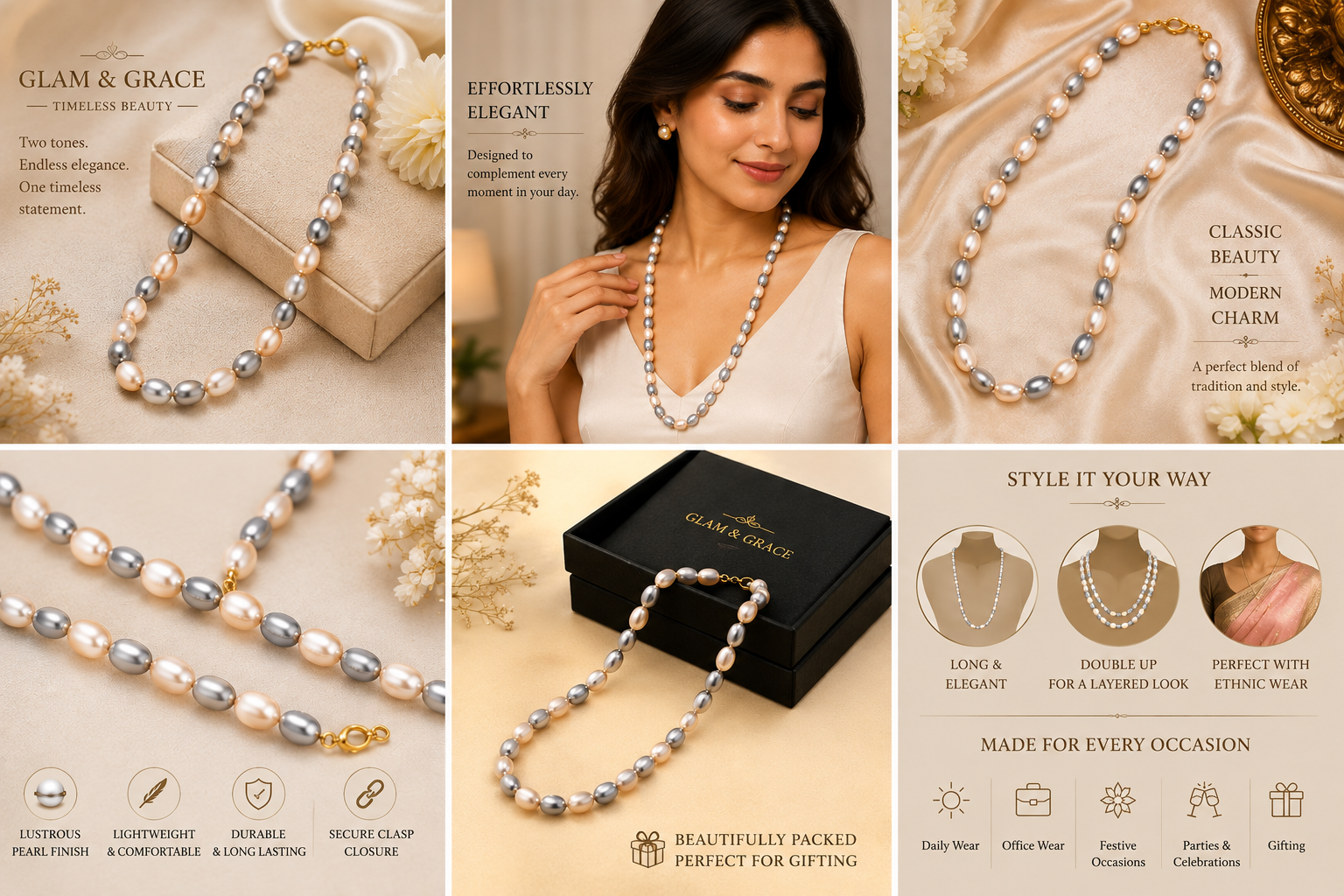 Cream & Grey Pearl Beaded Necklace