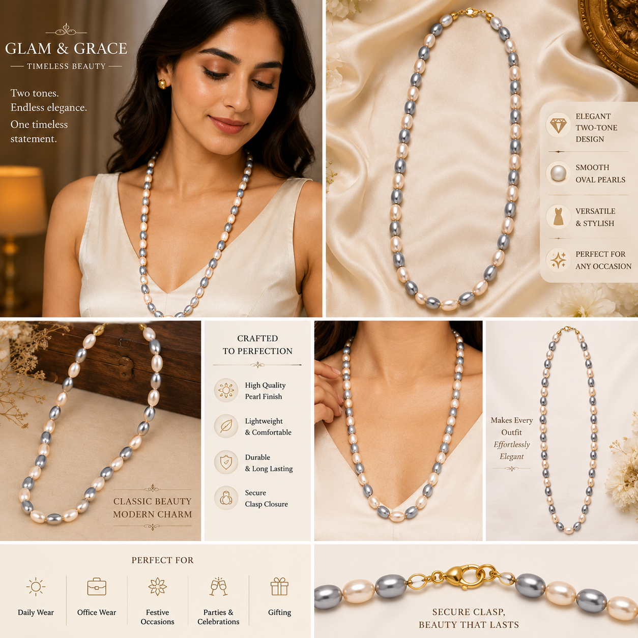 Cream & Grey Pearl Beaded Necklace