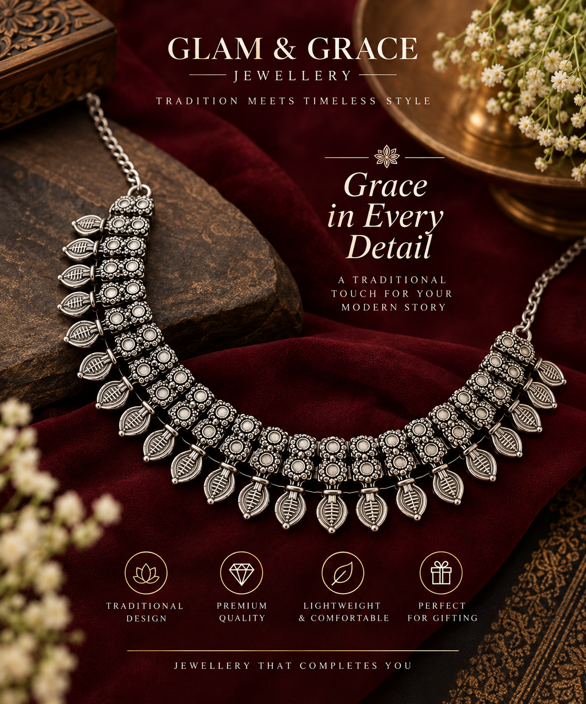Oxidised Silver-Tone Leaf Design Statement Necklace