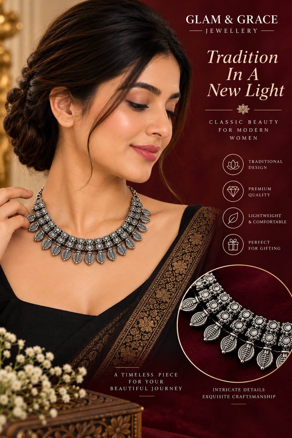 Oxidised Silver-Tone Leaf Design Statement Necklace
