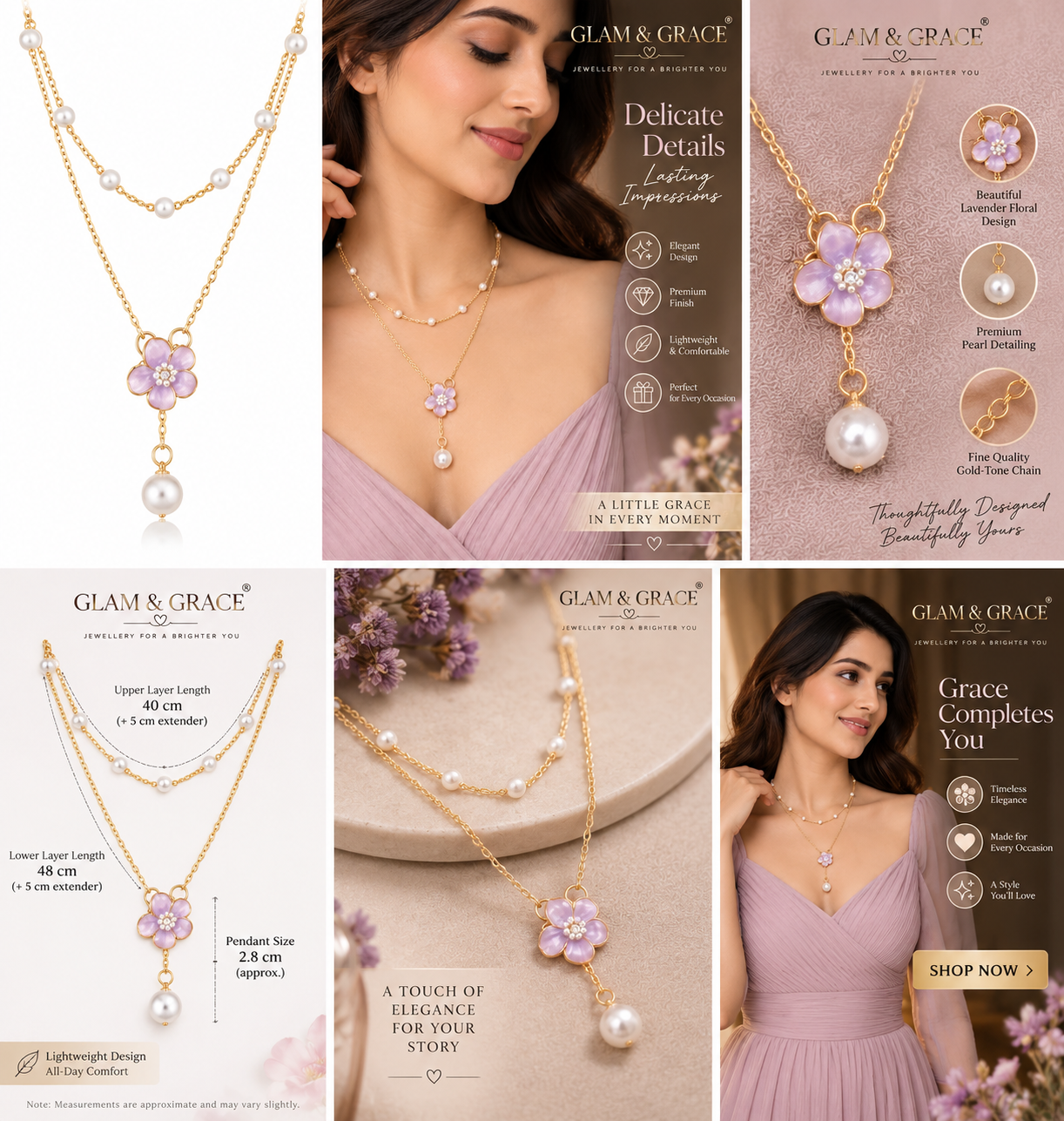 Purple Floral Layered Necklace with Pearl Detailing