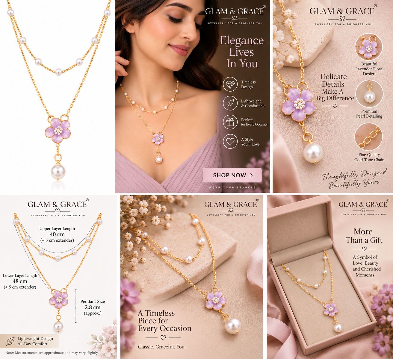 Purple Floral Layered Necklace with Pearl Detailing