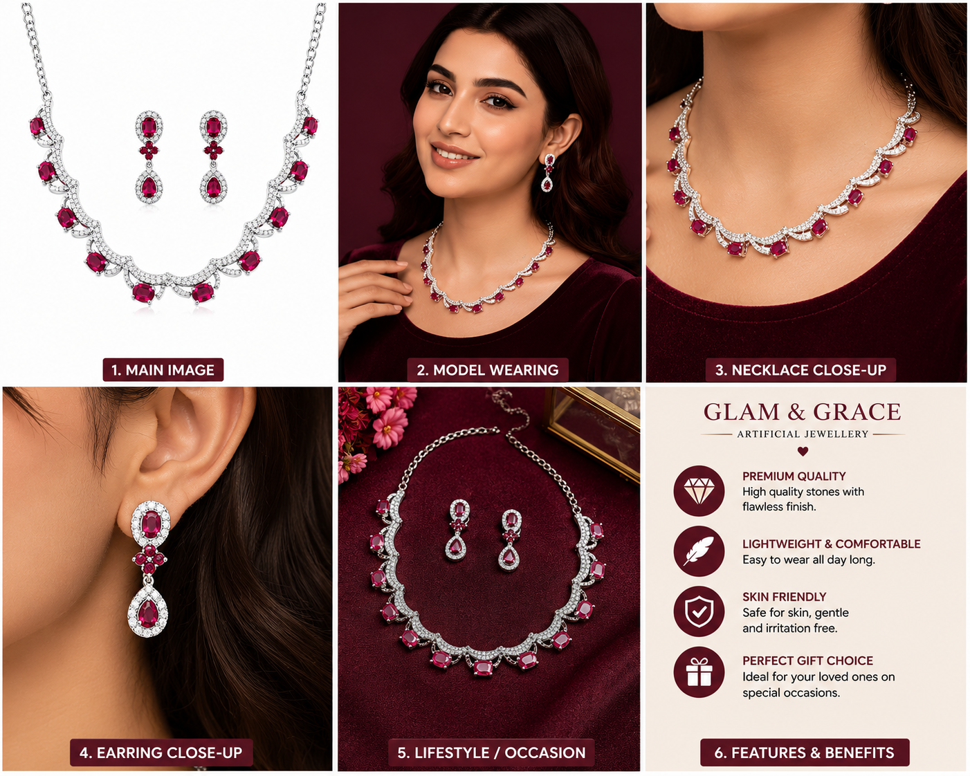 Red Stone Silver-Tone Necklace & Earrings Set