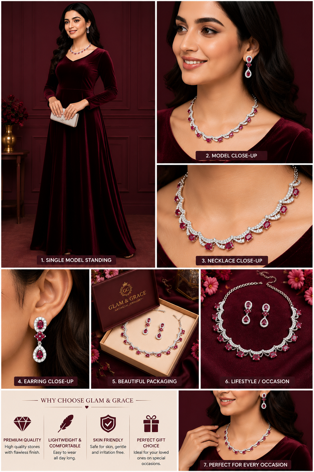 Red Stone Silver-Tone Necklace & Earrings Set