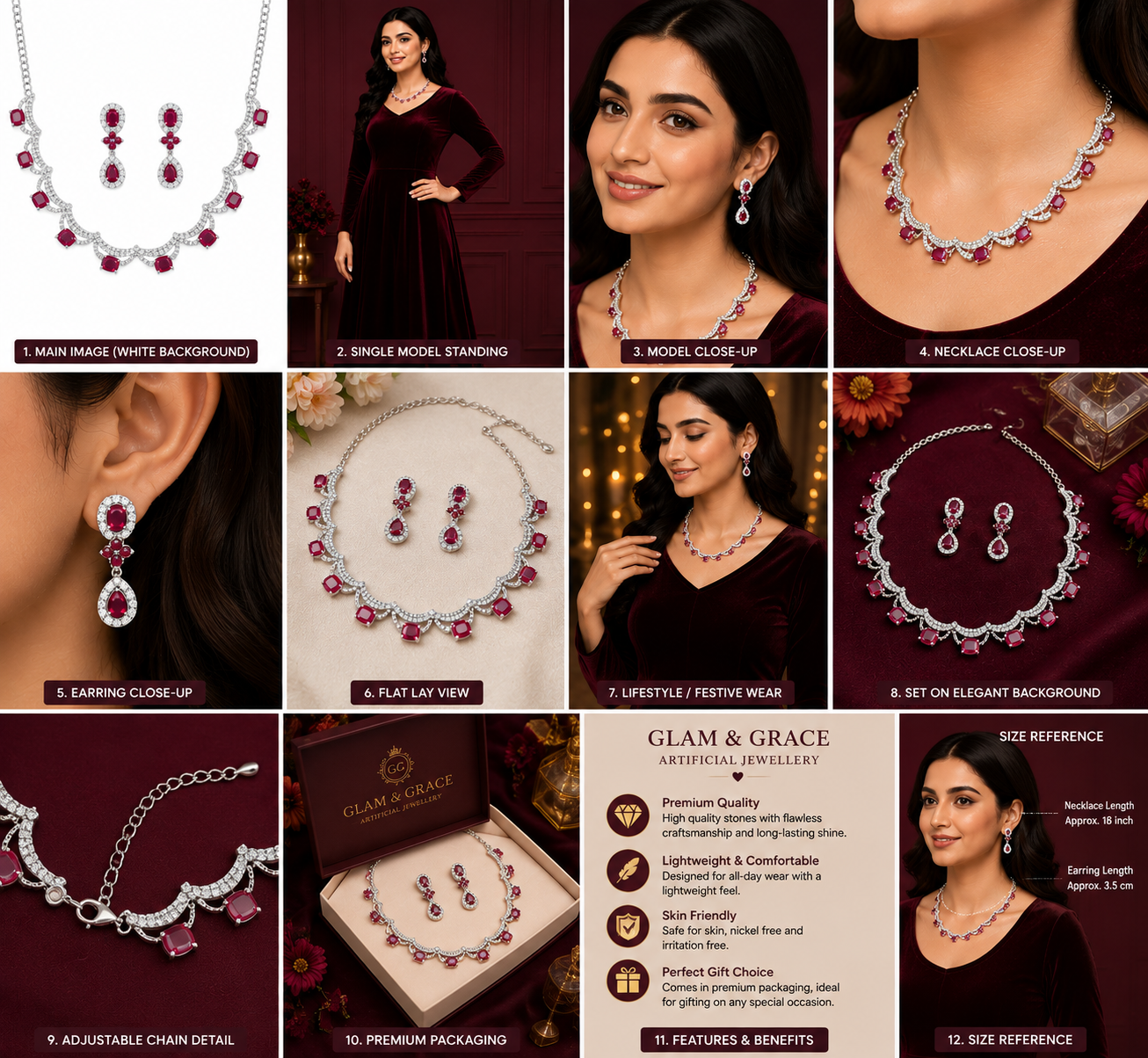 Red Stone Silver-Tone Necklace & Earrings Set