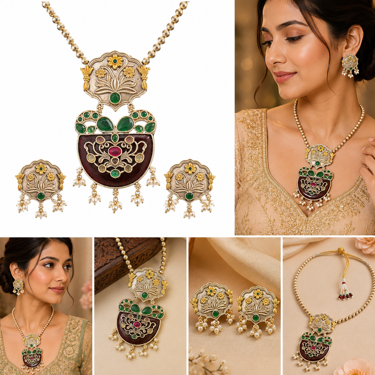 Antique-Inspired Green & Maroon Statement Necklace & Earrings Set