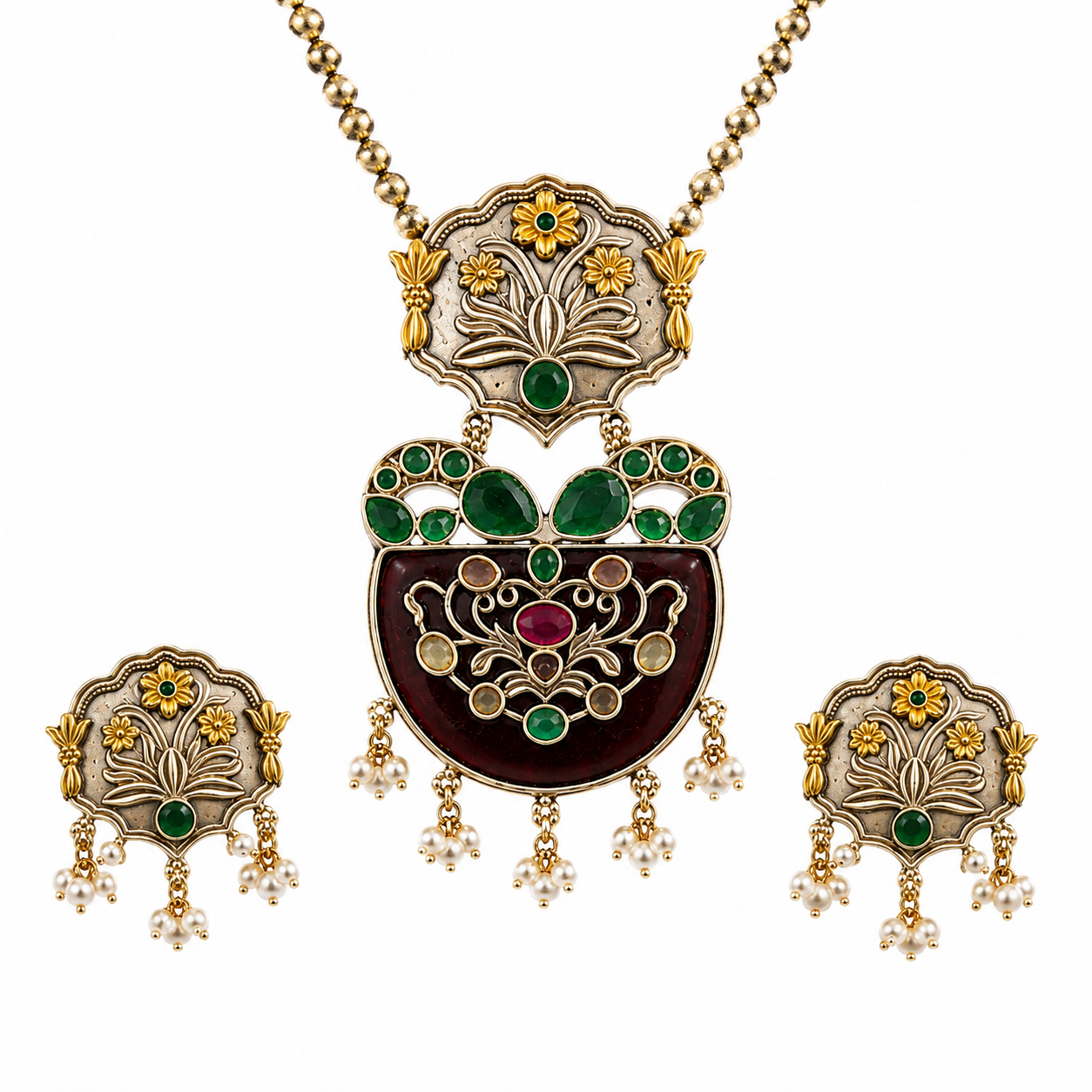 Antique-Inspired Green & Maroon Statement Necklace & Earrings Set