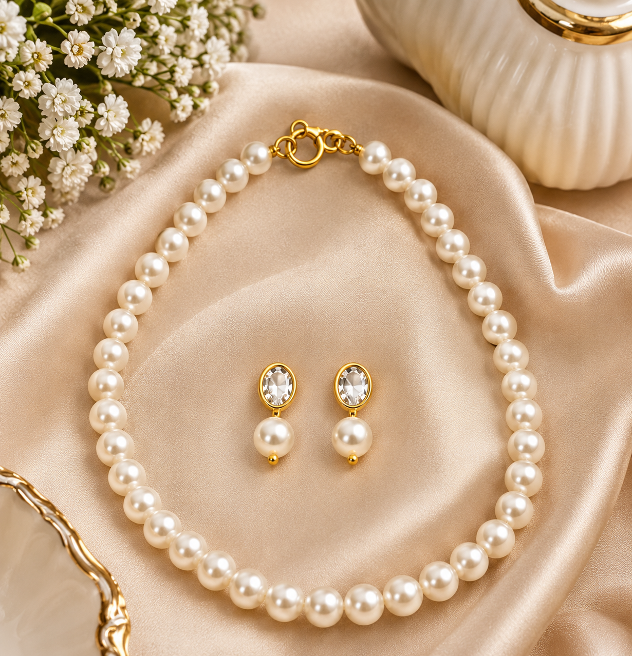 Classic Pearl Beaded Necklace & Earrings Set