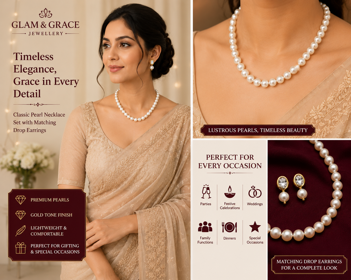 Classic Pearl Beaded Necklace & Earrings Set