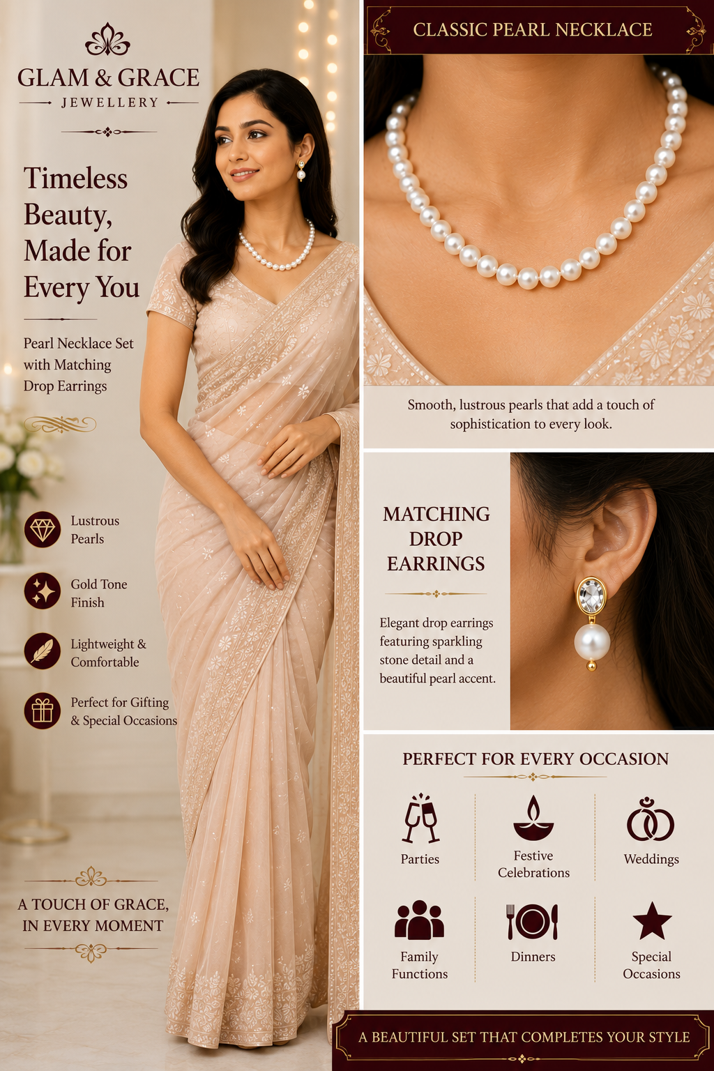 Classic Pearl Beaded Necklace & Earrings Set
