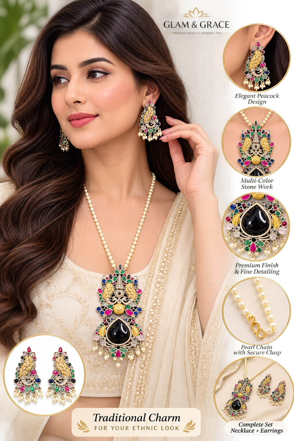 Multicolor Peacock Pendant Necklace & Earrings Set