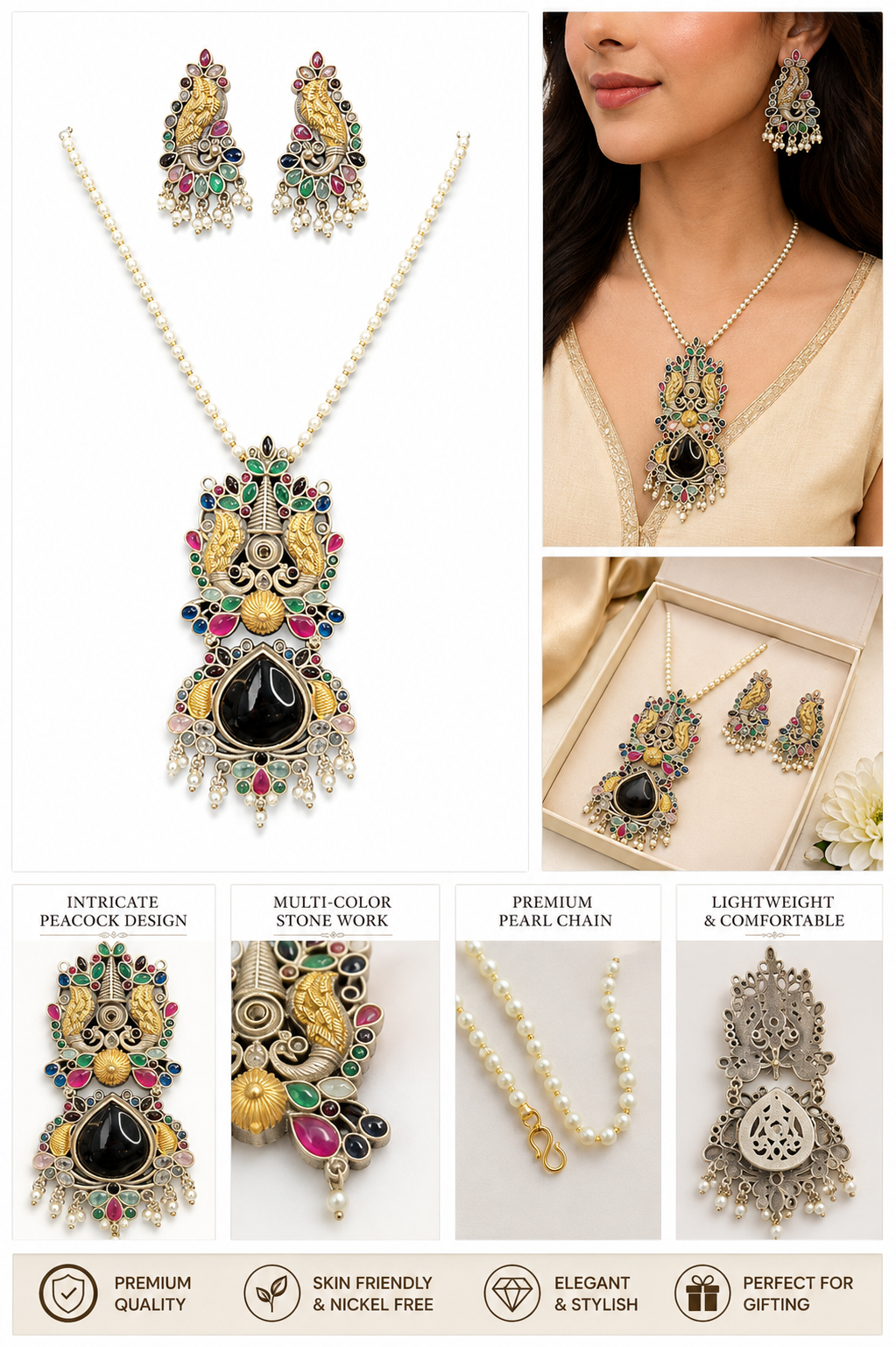 Multicolor Peacock Pendant Necklace & Earrings Set