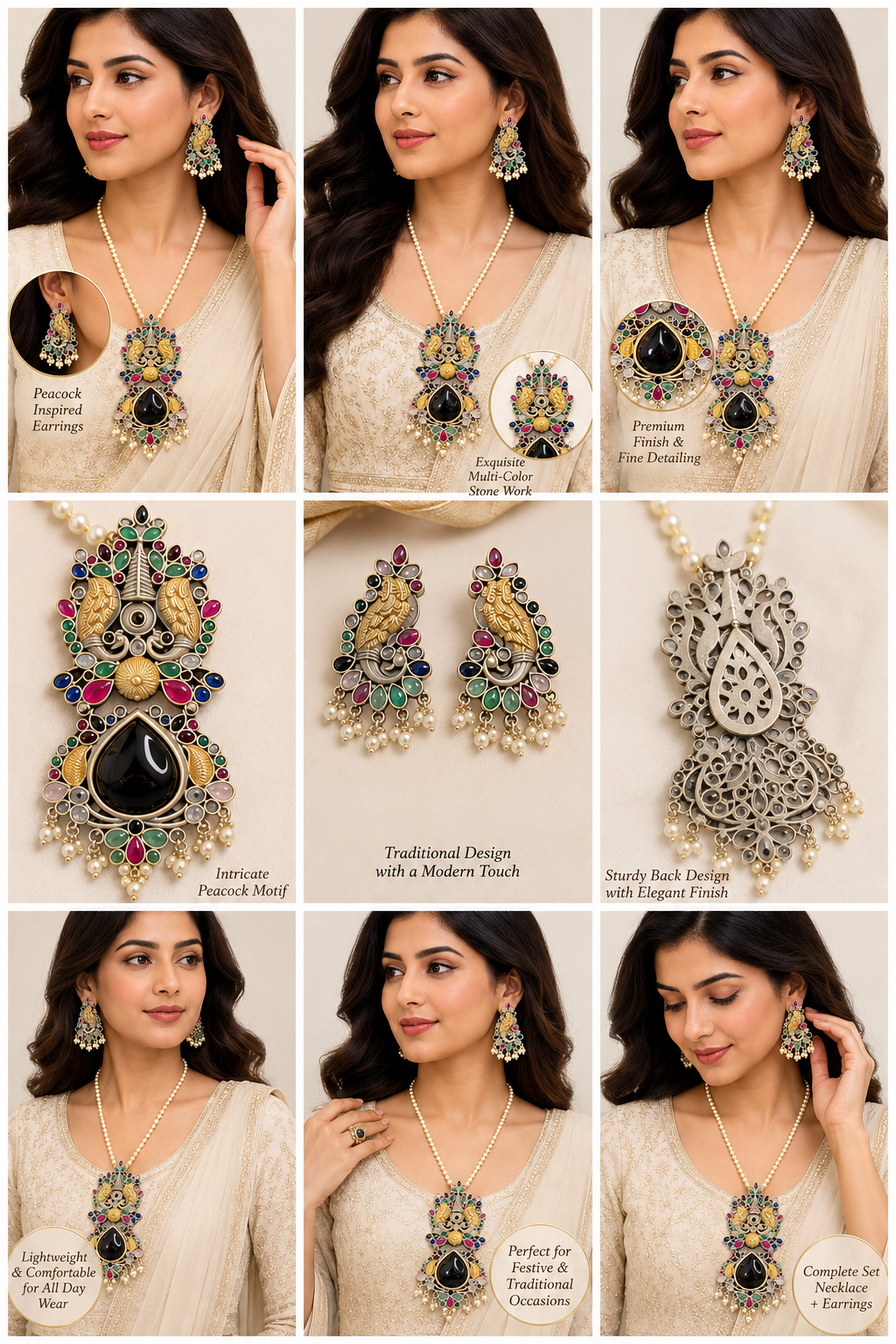 Multicolor Peacock Pendant Necklace & Earrings Set