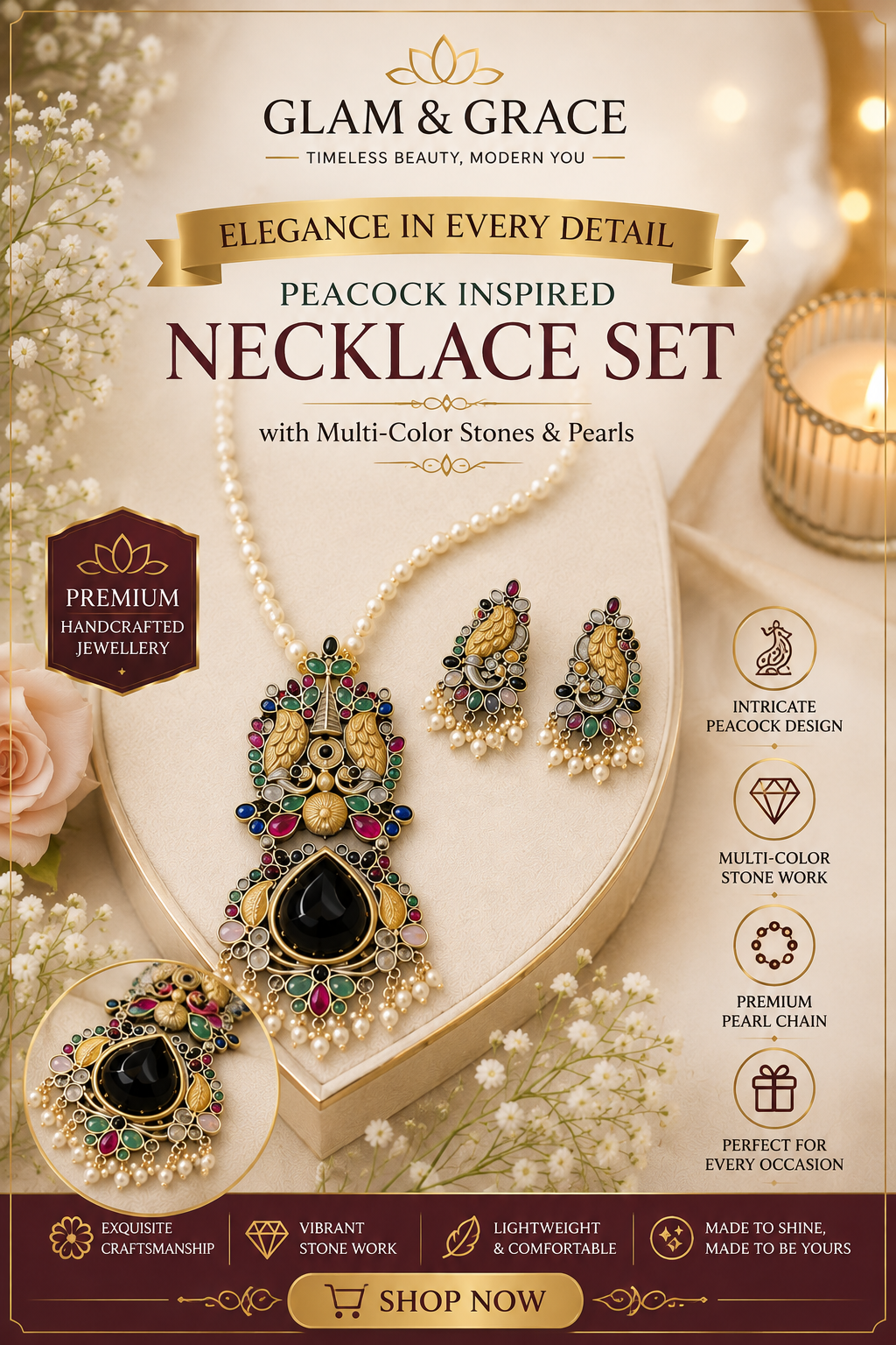 Multicolor Peacock Pendant Necklace & Earrings Set