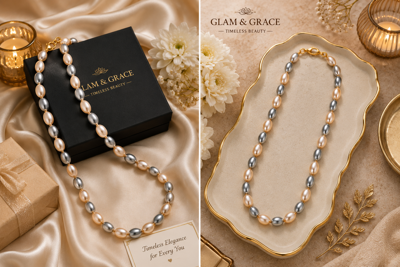 Cream & Grey Pearl Beaded Necklace