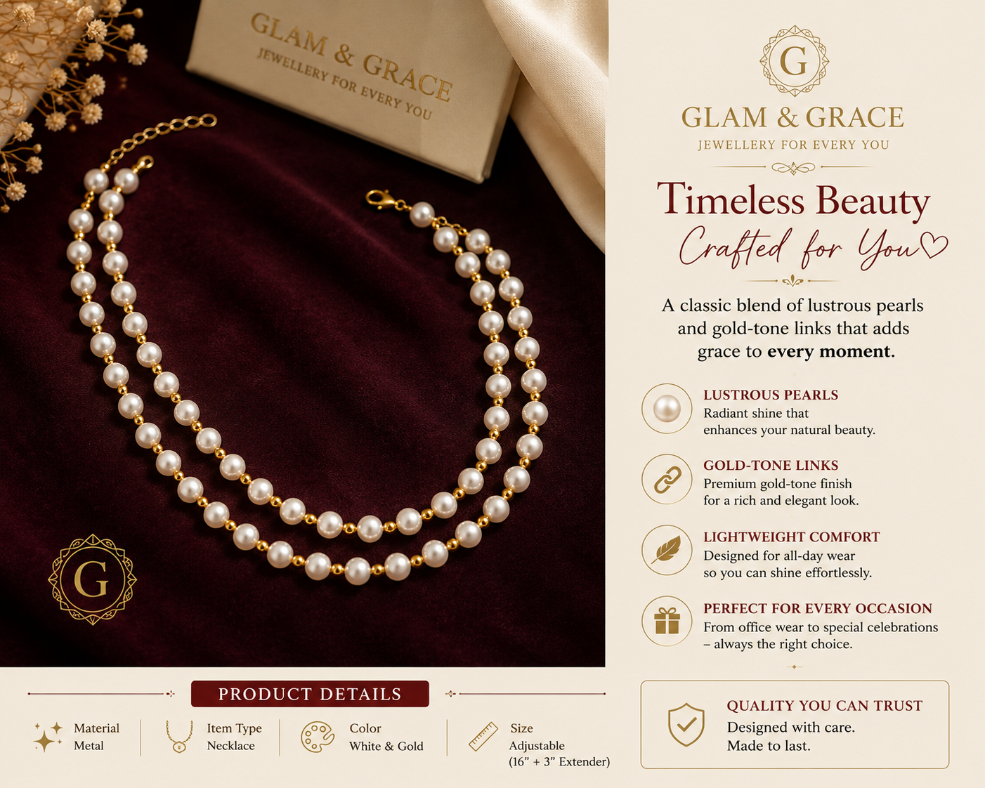 Double-Strand Pearl & Gold-Tone Beaded Necklace