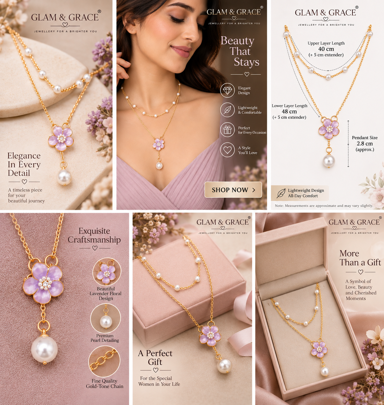 Purple Floral Layered Necklace with Pearl Detailing