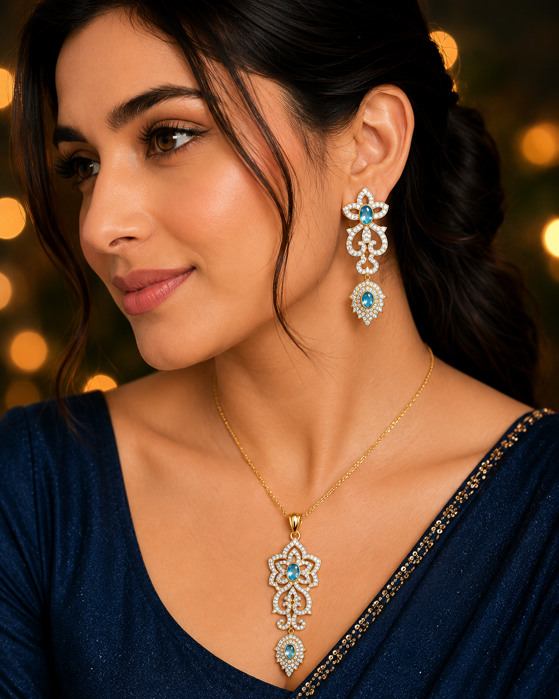 Blue Stone Floral Pendant Necklace & Earrings Set