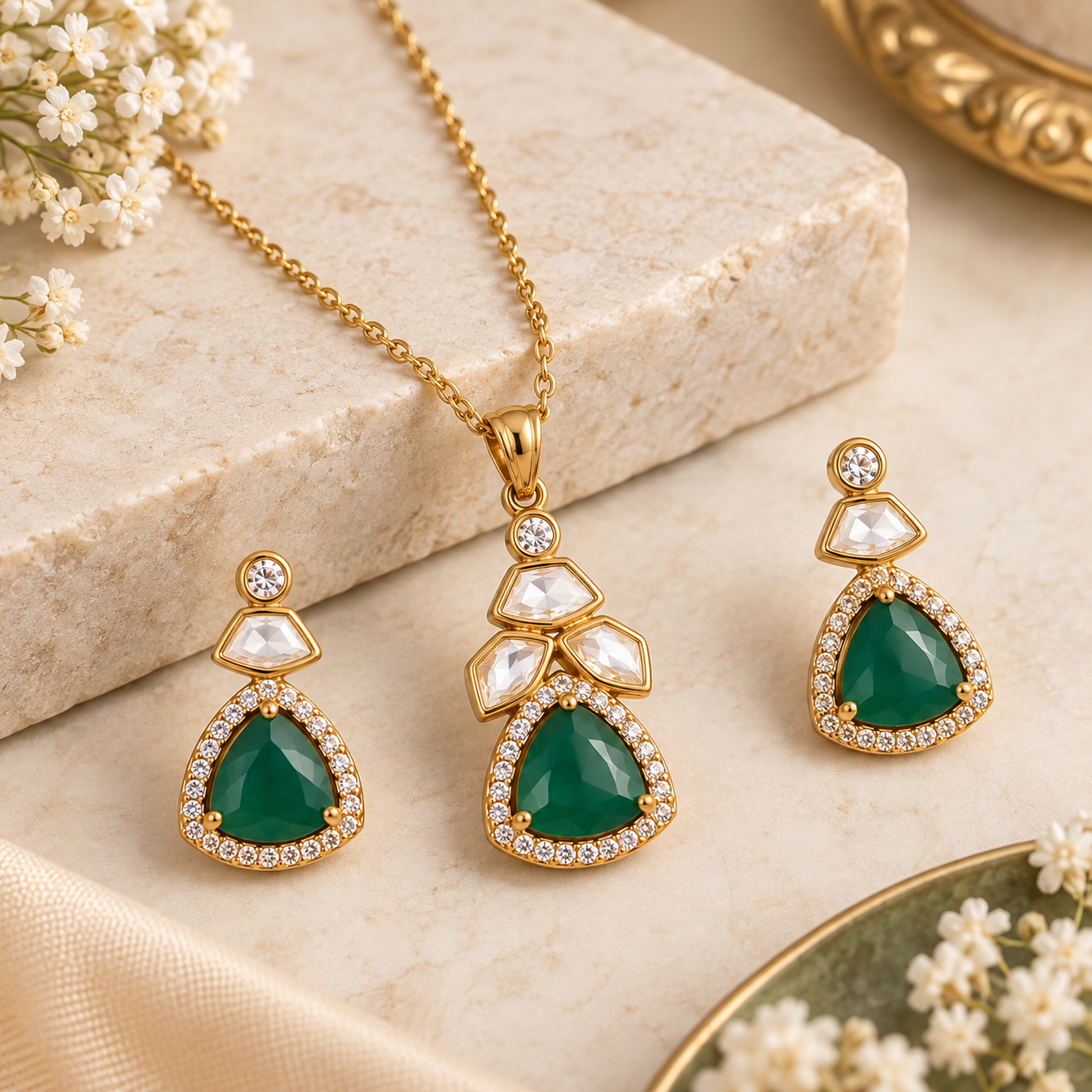 Green Stone Gold-Tone Necklace & Earrings Set