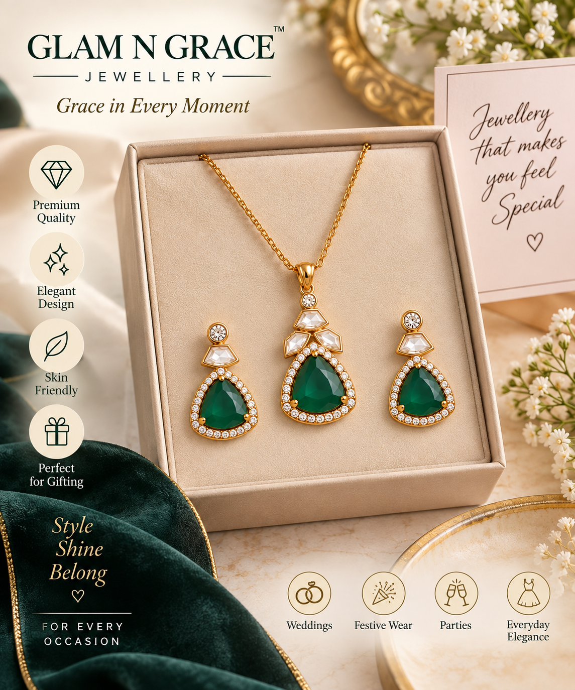 Green Stone Gold-Tone Necklace & Earrings Set