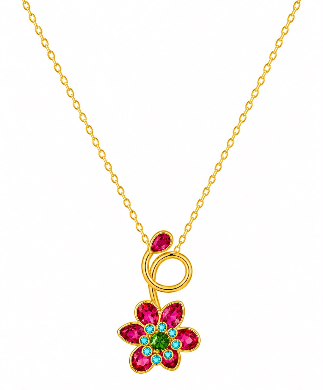 Multicolor Floral Gold-Tone Pendant Necklace with Pink, Green & Blue Stones
