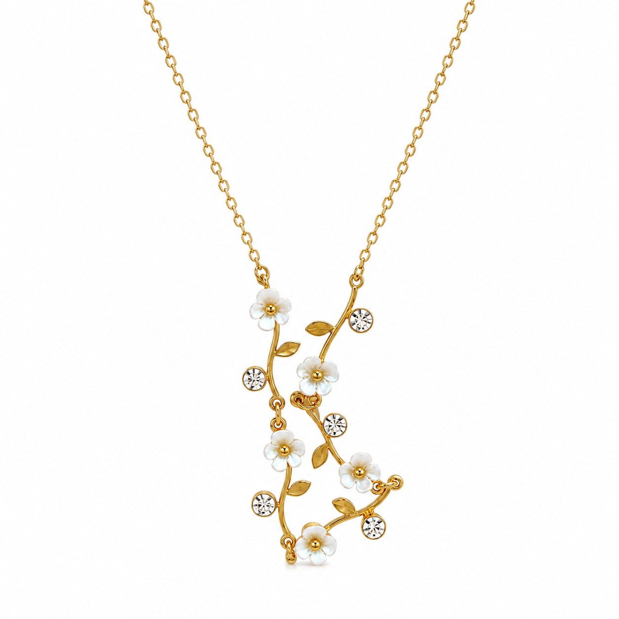 White Floral Gold-Tone Necklace with Crystal Detailing
