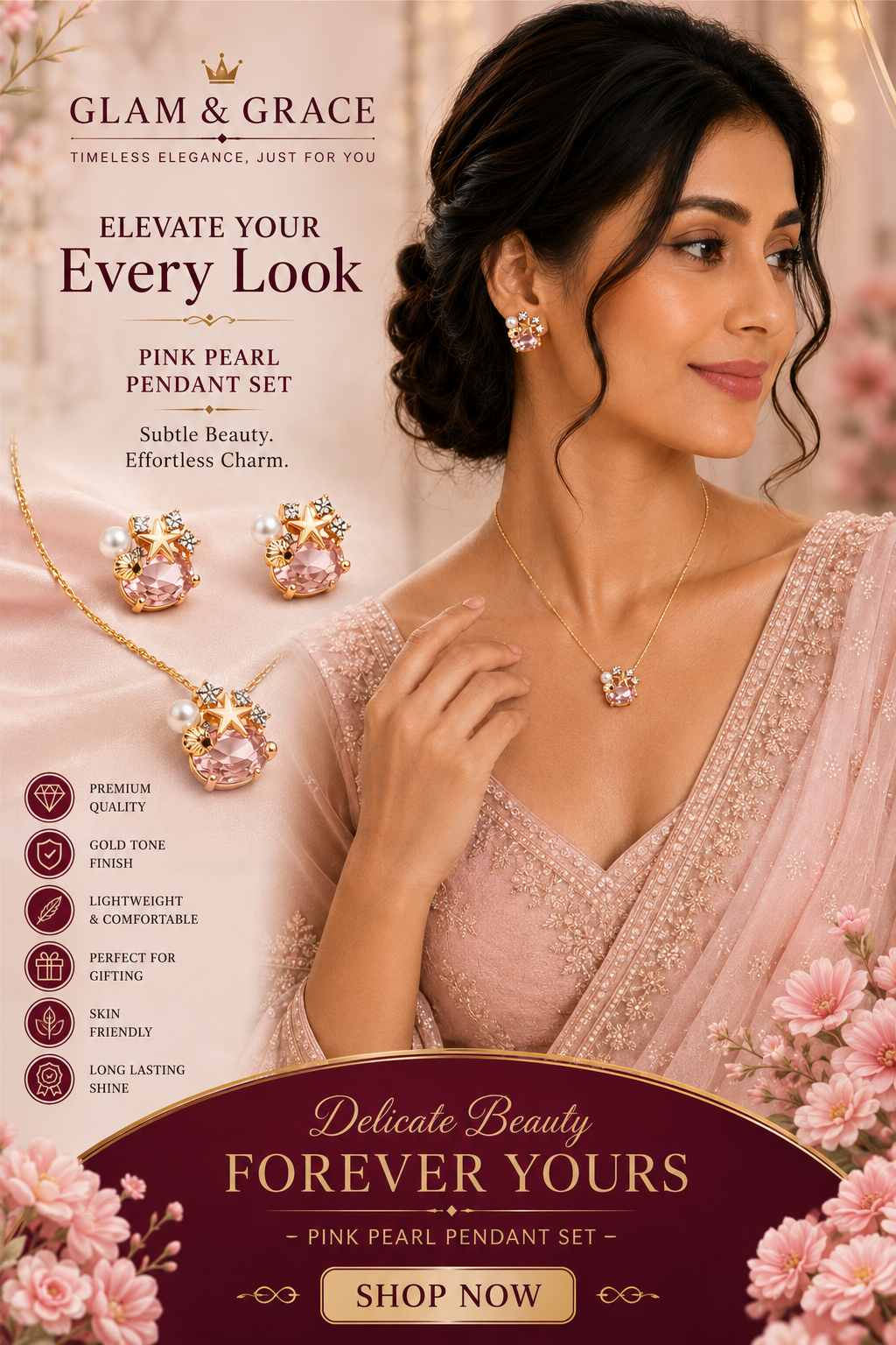 Pink Crystal Star Floral Necklace & Earrings Set