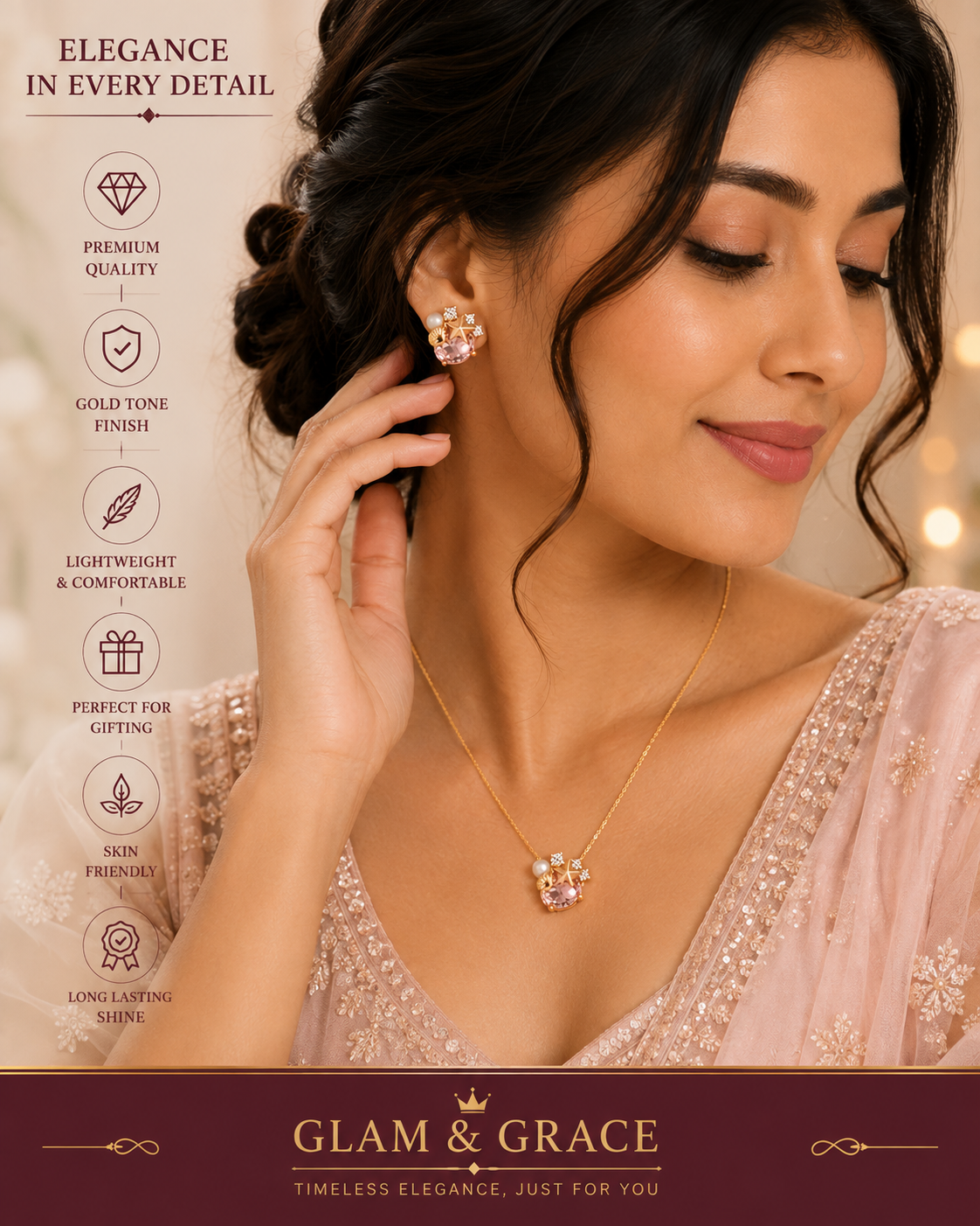 Pink Crystal Star Floral Necklace & Earrings Set