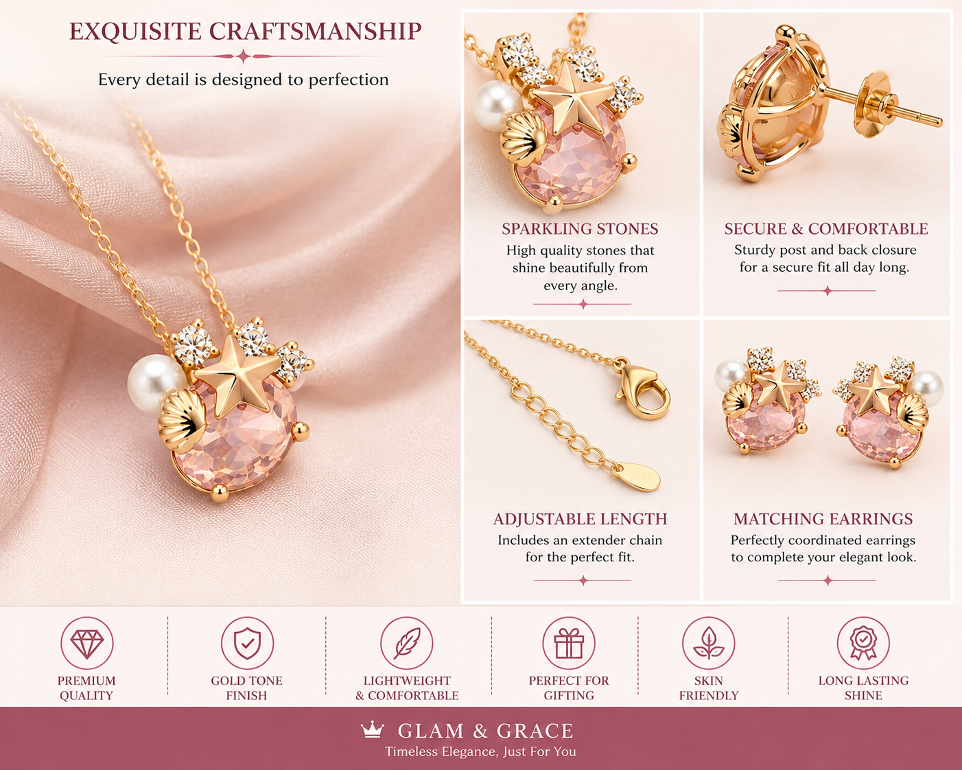 Pink Crystal Star Floral Necklace & Earrings Set