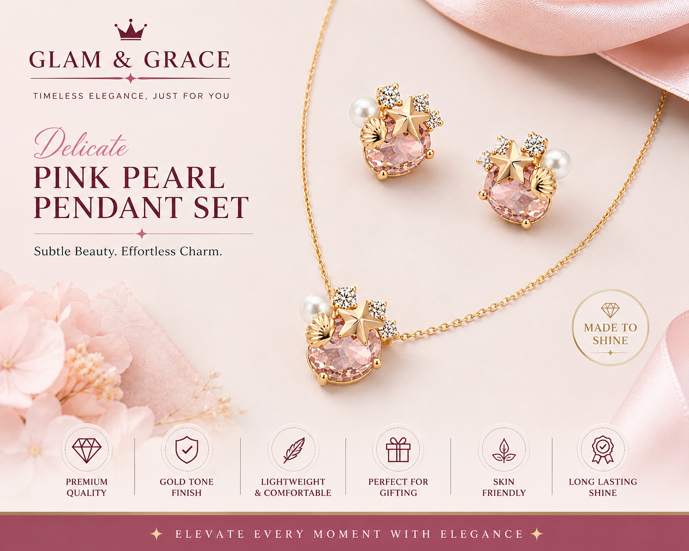 Pink Crystal Star Floral Necklace & Earrings Set