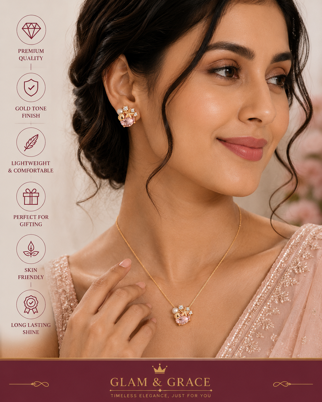 Pink Crystal Star Floral Necklace & Earrings Set